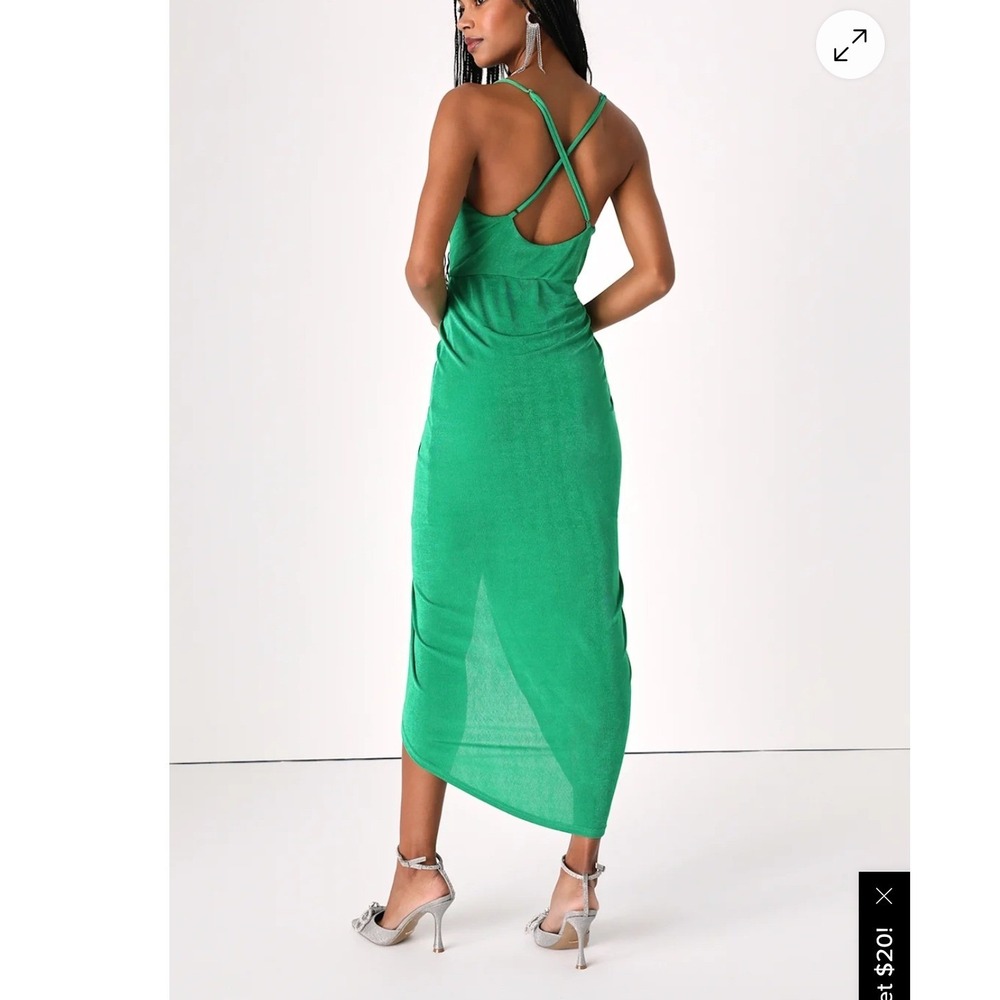 Lulus Dreamy Date Green Surplice Midi Dress Tulip Wrap Drape Strappy Small S - Picture 12 of 12